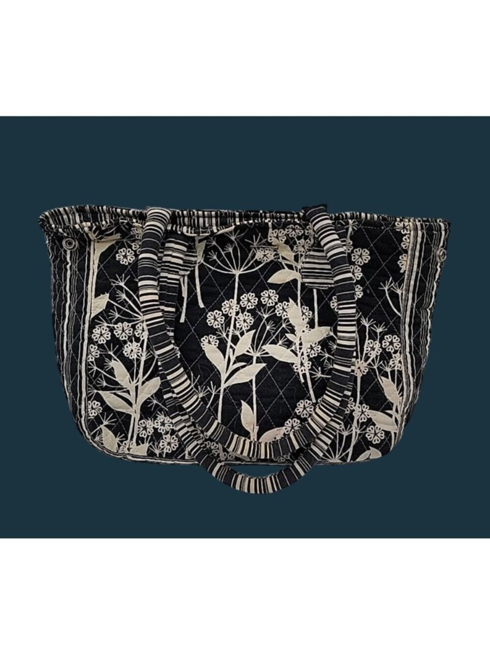 Laura Ashley Vintage Quilted Cotton Tote Bag Black White Wildflower Floral 13x8